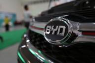 --FILE--View of a logo of BYD during an automobile exhibition in Haikou city, south China