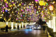 The colored lights on the wutong trees on both sides of the main road are all lit up to celebrate the Spring Festival in Qingdao City, east China\'s Shandong Province, 26 January, 2023