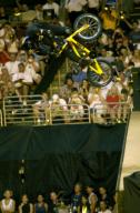 17 August 2002 Mat Hoffman with a turndown high above coping during bike stunt vert finals.  ESPN X Games at First Union Center in Philadelphia Pennsylvania. Sequence Available.   Mandatory Credit: "Tony Donaldson/Icon SMI" 