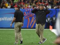 NEW ORLEANS, LA - JANUARY 01: Georgia Bulldogs Head Coach Kirby Smart and Georgia Bulldogs Offensive Line Coach Matt Luke during the Allstate Sugar Bowl between the Georgia Bulldogs and Baylor Bears on January 01, 2020, at Mercedes-Benz Superdome in New Orleans, LA.(Photo by Jeffrey Vest/Icon Sportswire)