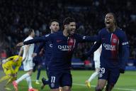 PARIS, FRANCE - APRIL 21: Marco Asensio (11) (Paris St Germain (PSG)) and Bradley Barcola (29) (Paris St Germain (PSG)) react after the 1st goal of the game during the French Ligue 1 match between Paris Saint-Germain (PSG) and The Olympic Lyonnais at Parc des Princes on April 21, 2024 in Paris, France. (Photo by Glenn Gervot\/Icon Sportswire