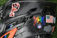 PROVIDENCE, RI - APRIL 13: A general view of a Princeton Tigers Athletics logo sticker, LGBTQIA+ Pride Princeton Tigers sticker, and an American flag sticker on a Princeton helmet during the womenâs college lacrosse game between the Princeton Tigers and the Brown Bears on April 13, 2024 at Stevenson-Pincince Field in Providence, RI. (Photo by Erica Denhoff\/Icon Sportswire