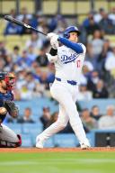 LOS ANGELES, CA - MAY 03: Los Angeles Dodgers designated hitter Shohei Ohtani (17) swings at a pitch during the MLB game between the Atlanta Braves and the Los Angeles Dodgers on May 3, 2024 at Dodger Stadium in Los Angeles, CA. (Photo by Brian Rothmuller/Icon Sportswire