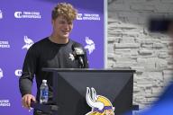 EAGAN, MN - MAY 10: Minnesota Vikings quarterback J.J. McCarthy (9) addresses the media during Minnesota Vikings Rookie Camp on May 10, 2024, at TCO Performance Center in Eagan, MN.(Photo by Nick Wosika/Icon Sportswire