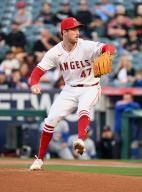 ANAHEIM, CA - MAY 10: Los Angeles Angels pitcher Griffin Canning (47) pitching during an MLB baseball game against the Kansas City Royals played on May 10, 2024 at Angel Stadium in Anaheim, CA. (Photo by John Cordes/Icon Sportswire