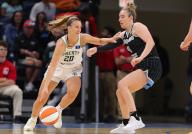 CHICAGO, IL - MAY 07: Marina Mabrey #4 of the Chicago Sky guards Sabrina Ionescu #20 of the New York Liberty during the first half of a WNBA preseason game at Wintrust Arena on May 7, 2024 in Chicago, Illinois. (Photo by Melissa Tamez/Icon Sportswire