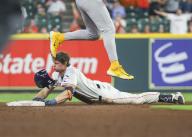 HOUSTON, TX - MAY 16: Houston Astros center fielder Jake Meyers (6) slides into second base after hitting a double in the bottom of the third inning during the MLB game between the Oakland Athletics and Houston Astros on May 16, 2024 at Minute Maid Park in Houston, Texas. (Photo by Leslie Plaza Johnson/Icon Sportswire