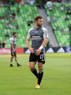 AUSTIN, TX - May 15: Austin FC defender Jon Gallagher warms up prior to start of game between the Houston Dynamo FC and Austin FC on May 15, 2024 at Q2 Stadium in Austin, TX. (Photo by John Rivera/Icon Sportswire