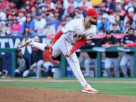 ANAHEIM, CA - MAY 24: Los Angeles Angels pitcher Patrick Sandoval (43) pitching during an MLB baseball game against the Cleveland Guardians played on May 24, 2024 at Angel Stadium in Anaheim, CA. (Photo by John Cordes/Icon Sportswire