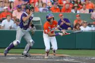 CLEMSON, SC - MAY 31: Clemson Tigers out field Cam Cannarella (10) hits the ball in play during the NCAA Division 1 Regional College Baseball game between the High Point Panthers and the Clemson Tigers on May 31, 2024, at Doug Kingsmore Stadium in Clemson, S.C. (Photo by John Byrum\/Icon Sportswire