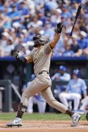 KANSAS CITY, MO - JUNE 01: San Diego Padres outfielder Fernando Tatis Jr. (23) hits a solo home run in the first inning during an MLB game against the Kansas City Royals on June 01, 2024 at Kauffman Stadium in Kansas City, Missouri. (Photo by Joe Robbins/Icon Sportswire