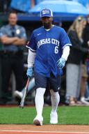 KANSAS CITY, MO - MAY 31: Tech N9ne walks to the plate to bat during the Big Slick celebrity softball game held just before an MLB game between the San Diego Padres and Kansas City Royals on May 31, 2024 at Kauffman Stadium in Kansas City, MO. (Photo by Scott Winters/Icon Sportswire