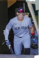 SAN FRANCISCO, CA - JUNE 02: New York Yankees CF Aaron Judge (99) enters the dugout area before the game between the New York Yankees and San Francisco Giants on June 2, 2024, Lou Gehrig Day at Oracle Park in San Francisco, CA. (Photo by Larry Placido/Icon Sportswire