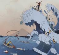 The ups and downs of business in parody of Hokusai