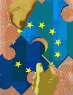 Hands fitting European Union jigsaw puzzle pieces together