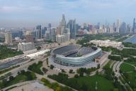 A general overall aerial view of Soldier Field and downtown skyline, Thursday, Sept. 21, 2023, in Chicago