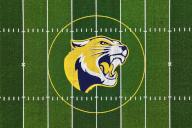 A general overall aerial view of the Cougars logo at midfield of the Cougar Stadium football field on the campus of College of the Canyons, Friday, April 12, 2024, in Santa Clarita, Calif