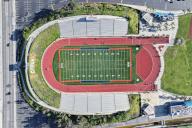 A general overall aerial view of Citrus Stadium football field and track on the campus of Citrus College, Friday, April 12, 2024, in Glendora, Calif