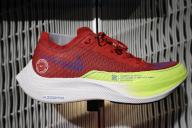 A Nike Air ZoomX Vaporfly Next% 2 running shoe at NikeTown London, Saturday, Oct. 1, 2022, in London, United Kingdom