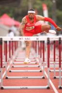 Jamar Marshall Jr. of Houston wins the menâs 110m hurdles during the 64th Mt San Antonio College Relays at Hilmer Lodge Stadium on Friday, April 19th, 2024, in Walnut, Calif. (Tommy Fernandez/Image of Sport