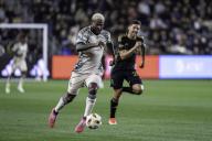Portland Timbers forward Dairon Asprilla (27) is chased by LAFC midfielder Ryan Hollingshead (24) during a MLS match, Saturday, April 27, 2024, at the BMO Stadium, in Los Angeles, CA. LAFC defeated the Timbers 3-2. (Jon Endow/Image of Sport