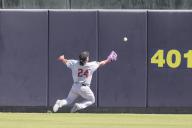 Rome, GA. USA: Hickory Crawdads center fielder Alejandro Osuna (24) tries to catch a ball hit deep off the bat of Rome Emperors infielder Ambioris Tavarez (9) during a MiLB baseball game, Wednesday, May 1, 2024, at AventHealth Stadium. The Crawdads beat the Emperors 4-1. (Kim Hukari/Image of Sport