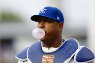 Salvador Perez #13 of the Kansas City Royals warms up prior to a game against the Texas Rangers at Kauffman Stadium on May 4, 2024, in Kansas City, Missouri. (Photo by Brandon Sloter/Image Of Sport
