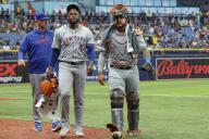 St. Petersburg, FL: New York Mets pitcher Luis Severino (40) and catcher Omar NarvÃ¡ez (2) head to the dugout prior to an MLB game on May 5, 2024 at Tropicana Field. The Rays beat the Mets 7-6 in 10 innings and swept the series. (Kim Hukari/Image of Sport