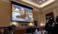 An image of Steve Bannon appears on a large screen during the seventh hearing by the United States House Select Committee investigating the January 6, 2021 attack on the U.S. Capitol took place on Capitol Hill in Washington D.C. on July 12, 2022. (Photo by Jeff Malet