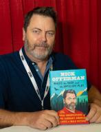 Nick Offerman at the book signing table at the Library of Congress National Book Festival on Saturday, September 3, 2022 at the Walter E. Washington Convention Center in Washington D.C. Offerman is an actor, author and woodworker, best known as the character of Ron Swanson on NBCâs âParks and Recreation.â He is also co-host and executive producer of NBCâs âMaking It.âOffermanâs is holding his newest work, "Where the Deer and the Antelope Play: The Pastoral Observations of One Ignorant American Who Loves to Walk Outside". (Photo by Jeff Malet