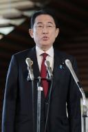 Japanese Prime Minister Fumio Kishida speaks to reporters about the launch of a ballistic missile by North Korea at the prime minister