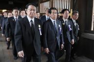 Lawmakers of a suprapartisan group visit Yasukuni Shrine in Tokyo, Tuesday, April 23, 2024. Japanese economic security minister Sanae Takaichi on Tuesday visited the war-related Shinto shrine during its three-day spring festival from Sunday. (Jiji Press\/Kenya Sumiyoshi