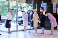 Japanese Empress Masako, Crown Princess Kiko, Princess Hitachi, Princess Nobuko and Princess Hisako greet each other after attending a national convention of the Japanese Red Cross Society at the Meiji Jingu Hall in Tokyo, Wednesday, May 15, 2024. Empress Masako is honorary president of the organization. (Jiji Press/POOL