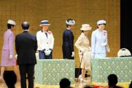 Japanese Empress Masako, Crown Princess Kiko, Princess Hitachi, Princess Nobuko and Princess Hisako attend a national convention of the Japanese Red Cross Society at the Meiji Jingu Hall in Tokyo, Wednesday, May 15, 2024. Empress Masako is honorary president of the organization. (Jiji Press/POOL