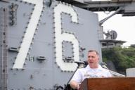 Capt. Daryle Cardone is interviewed on the aircraft carrier USS Ronald Reagan at the U.S. Navy