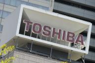 This photo dated May 17, 2024 show a logo of Japanese multinational electronics company Toshiba in Tokyo, Japan. The company will cut up to 4,000 jobs and move its headquarters functions from Tokyo to Kawasaki City, Kanagawa Prefecture, where it currently has its research and development base. The company also announced that it will integrate its subsidiaries. JIJI PRESS PHOTO / MORIO TAGA