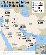 Map highlighting the U.S. troops, air and naval bases in the Middle East