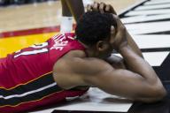 Miami Heat center Hassan Whiteside (21) reacts after being fouled by Milwaukee Bucks Malcolm Brogdon (13) in the second quarter on Sunday, Jan. 14, 2018 at the AmericanAirlines Arena in Miami, Fla. (Matias J. Ocner/Miami Herald/TNS)