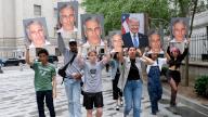 A group of young protesters holds pictures of Jeffrey Epstein and Donald Trump outside the Federal Court in downtown Manhattan on July 8, 2019, where Jeffrey Epstein was being charged with sex trafficking of minors and conspiracy to commit sex trafficking of minors. (Luiz C. Ribeiro/New York Daily News/TNS