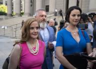 Jeffrey Epstein victims Elizabeth Stein, left, and Sarah Ransome arrive at Manhattan Federal Court Tuesday, June 28, 2022, in Manhattan, New York. (Barry Williams/New York Daily News/TNS