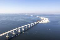 Aerial photos show the Sanibel Causeway on March 1, 2023, which is being rebuilt after Hurricane Ian, which washed out parts of the causeway. (Patrick Connolly/Orlando Sentinel/TNS