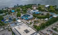 Aerial view of the Miami Seaquarium, including the tank (center) where Lolita the orca lived in captivity for five decades until her death on Friday, Aug. 18, 2023. Photo shot on Saturday, Aug.19, 2023. (Pedro Portal/Miami Herald/TNS