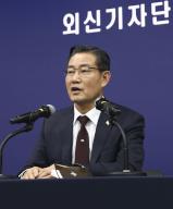 South Korean National Defense Minister Shin Won Sik holds a press conference in Seoul on March 18, 2024, after North Korea launched three ballistic missiles toward the Sea of Japan earlier in the day. (Kyodo) ==Kyodo