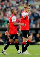 Feyenoord\'s Ayase Ueda (R) is pictured after opening the scoring in the first half of a Dutch Eredivisie football match against PEC Zwolle on May 5, 2024, in Rotterdam, the Netherlands. (Kyodo) ==Kyodo