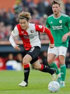 Feyenoord\'s Ayase Ueda (L) plays in the first half of a Dutch Eredivisie football match against PEC Zwolle on May 5, 2024, in Rotterdam, the Netherlands. (Kyodo) ==Kyodo