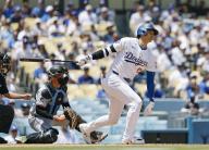 Shohei Ohtani of the Los Angeles Dodgers strikes out swinging in the third inning of a baseball game against the Miami Marlins on May 8, 2024, at Dodger Stadium in Los Angeles. (Kyodo) ==Kyodo