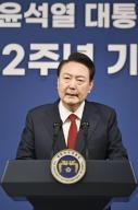 South Korean President Yoon Suk Yeol holds a press conference at his office in Seoul on May 9, 2024, a day before the second anniversary of his inauguration. (Kyodo) ==Kyodo