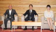 Japanese Prime Minister Fumio Kishida (C) attends a Cabinet meeting at the premier\'s office in Tokyo on May 10, 2024, alongside Finance Minister Shunichi Suzuki (L) and economic security minister Sanae Takaichi. (Kyodo) ==Kyodo