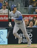 Shohei Ohtani of the Los Angeles Dodgers hits a single in the third inning of a baseball game against the San Diego Padres on May 10, 2024, at Petco Park in San Diego, California. (Kyodo) ==Kyodo