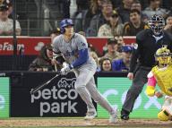 Shohei Ohtani of the Los Angeles Dodgers hits a double in the eighth inning of a baseball game against the San Diego Padres on May 10, 2024, at Petco Park in San Diego, California. (Kyodo) ==Kyodo